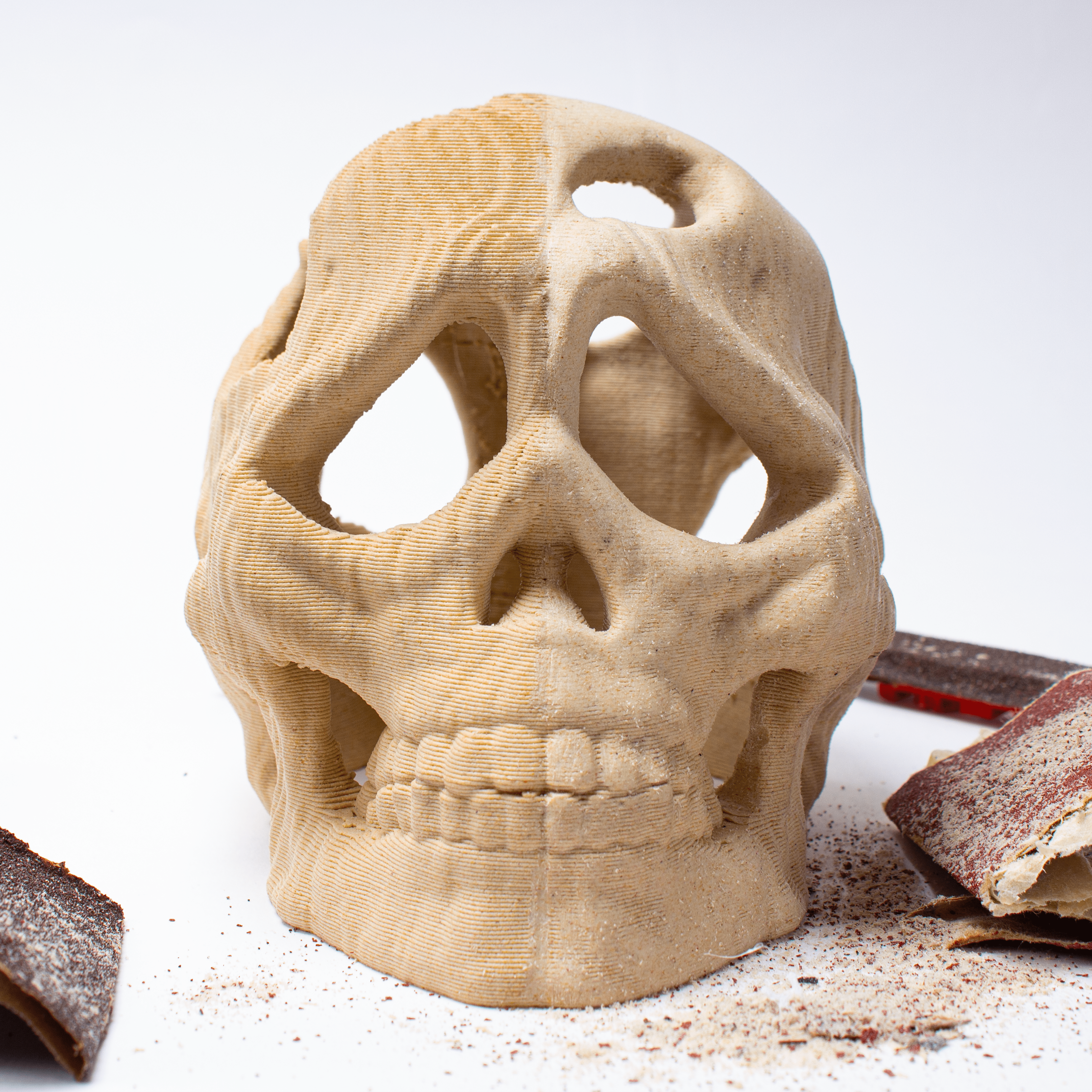 A 3D printed skull being sanded